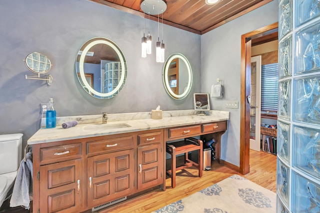 bathroom with wooden ceiling, wood finished floors, vanity, and toilet