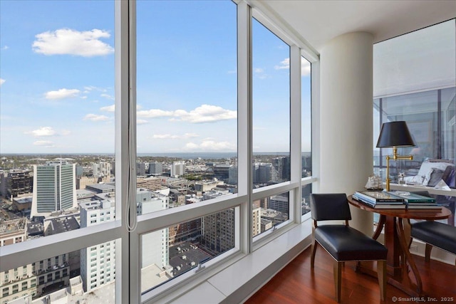 sunroom featuring a city view