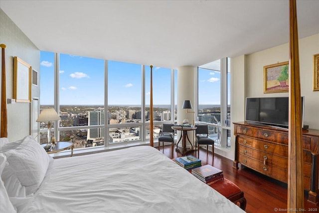 bedroom featuring floor to ceiling windows and wood finished floors