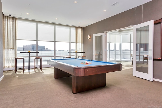 playroom with billiards, carpet, and french doors