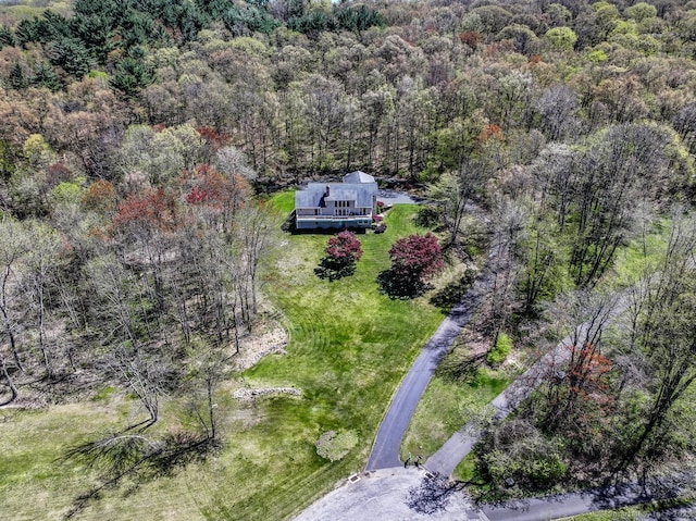aerial view featuring a wooded view