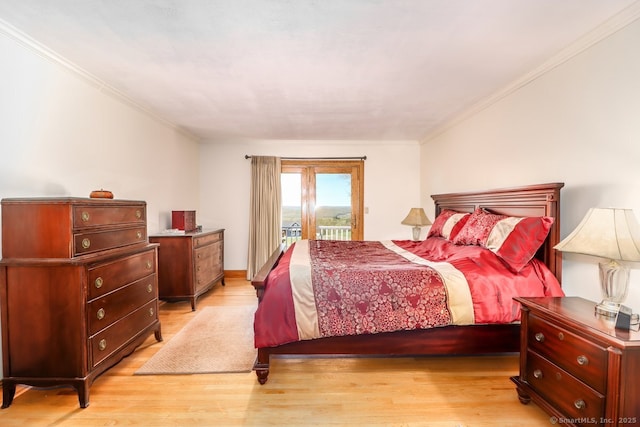 bedroom with crown molding, access to outside, and light wood-type flooring