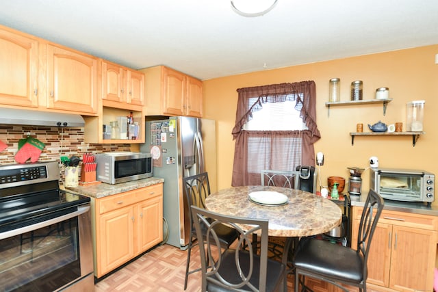 61 Kenyon Cir, New Britain, CT 06053 - kitchen with open shelves, light brown cabinets, light countertops, appliances with stainless steel finishes, and decorative backsplash