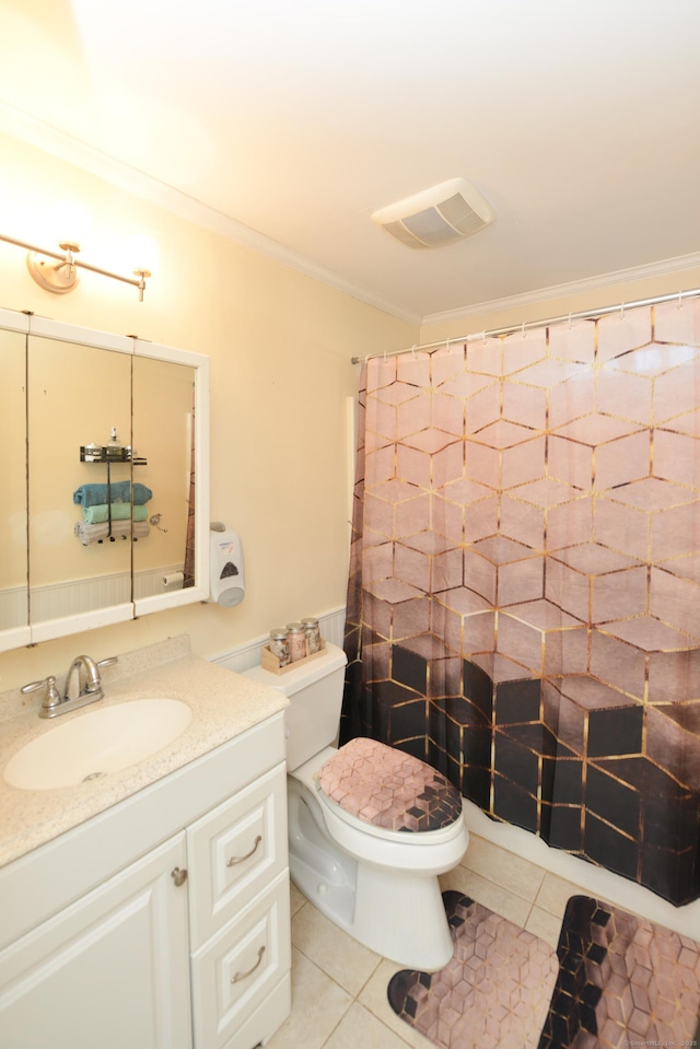 61 Kenyon Cir, New Britain, CT 06053 - bathroom with toilet, visible vents, tile patterned flooring, vanity, and ornamental molding