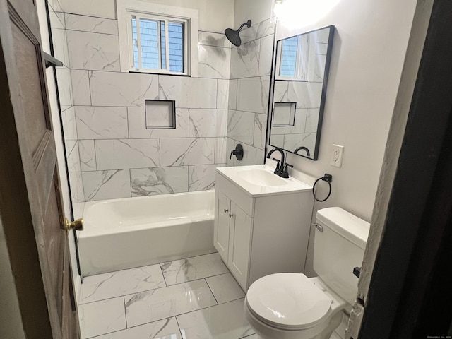 78-80 Cabot St, Hartford, CT 06154 - bathroom with marble look tiles, toilet, vanity, and tub / shower combination