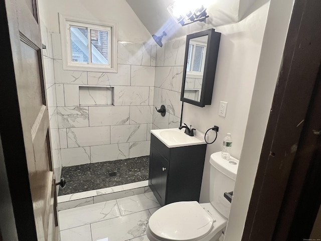 78-80 Cabot St, Hartford, CT 06154 - full bathroom with marble finish floors, tiled shower, lofted ceiling, toilet, and vanity