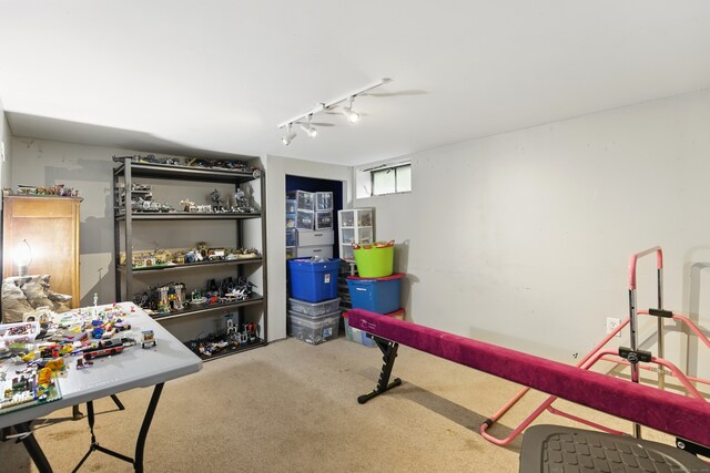 recreation room with carpet and track lighting