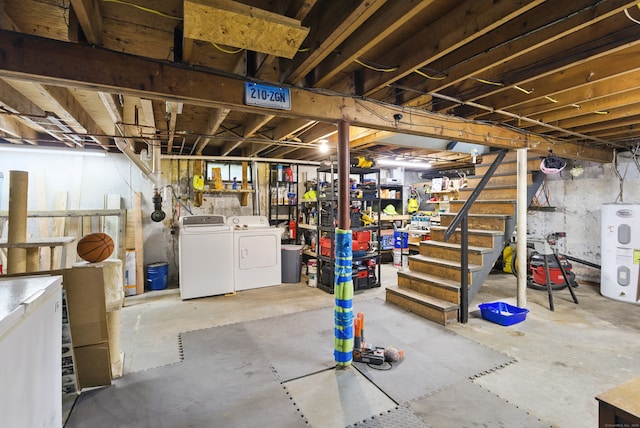 unfinished below grade area with electric water heater, separate washer and dryer, and stairs