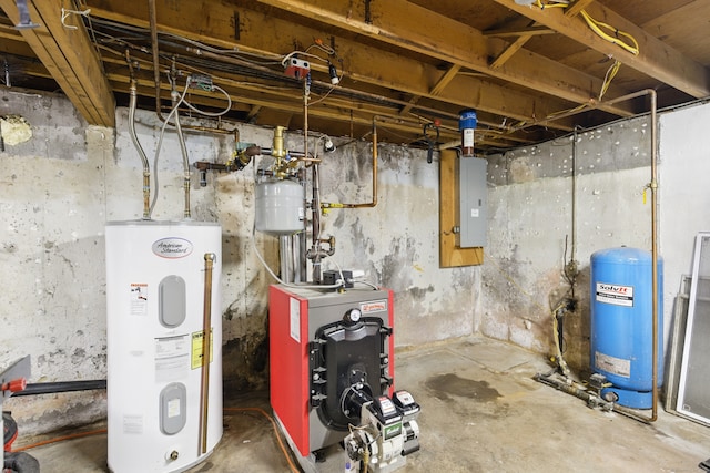 unfinished basement with electric water heater, a water pressure tank, electric panel, and a heating unit