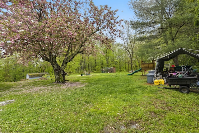 view of green lawn with a playground
