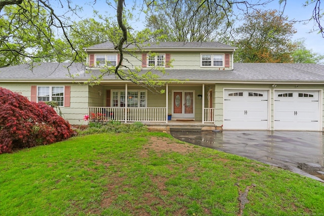 traditional-style home with covered porch, asphalt driveway, an attached garage, and a front yard