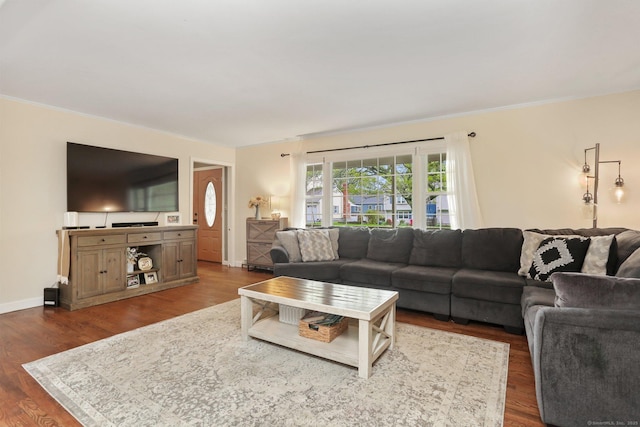 living room with wood finished floors, crown molding, and baseboards
