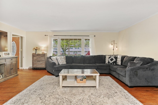 living area with ornamental molding and wood finished floors