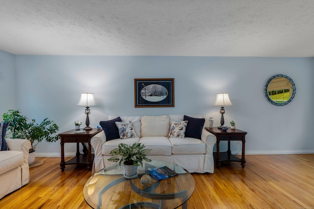 living area featuring baseboards, wood finished floors, and a textured ceiling
