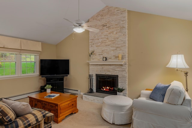 carpeted living area with a baseboard heating unit, a stone fireplace, ceiling fan, and high vaulted ceiling