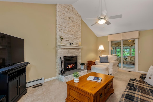 living room featuring light carpet, baseboard heating, a ceiling fan, high vaulted ceiling, and a stone fireplace