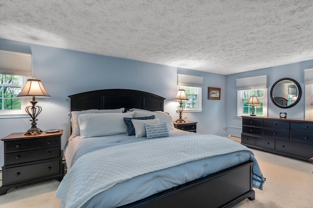 bedroom with carpet floors, multiple windows, baseboard heating, and a textured ceiling