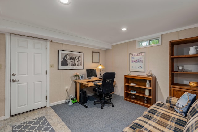 office featuring recessed lighting and baseboards