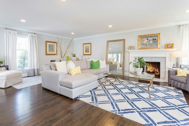 38 Heritage Hill Rd Unit 38, New Canaan, CT 06840 - living area with ornamental molding, hardwood / wood-style flooring, a fireplace, recessed lighting, and baseboards