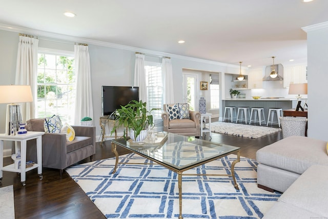 38 Heritage Hill Rd Unit 38, New Canaan, CT 06840 - living room with crown molding, healthy amount of natural light, wood finished floors, and recessed lighting