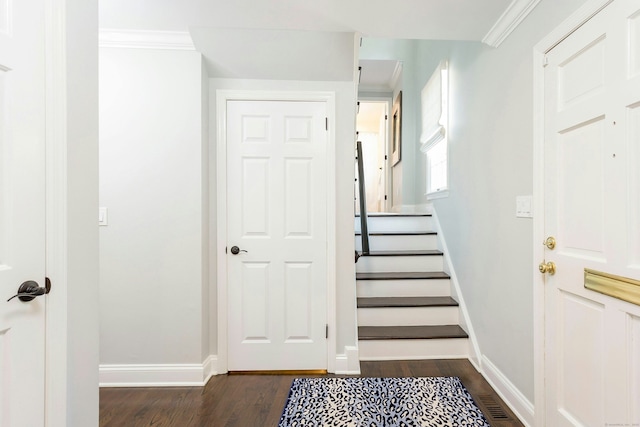 38 Heritage Hill Rd Unit 38, New Canaan, CT 06840 - staircase with wood finished floors, baseboards, and ornamental molding