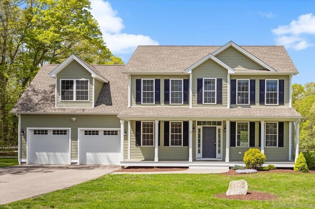 colonial inspired home with driveway, covered porch, a front lawn, and roof with shingles