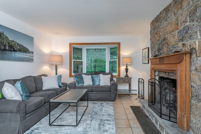 living area with light tile patterned floors, a fireplace, and baseboard heating