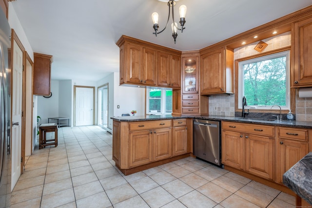 kitchen featuring dishwasher, brown cabinetry, and decorative backsplash