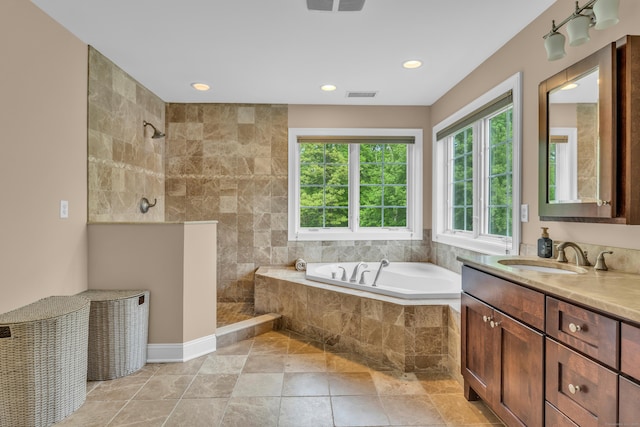 61 Governors Way, Madison, CT 06443 - bathroom featuring a garden tub, walk in shower, vanity, and recessed lighting