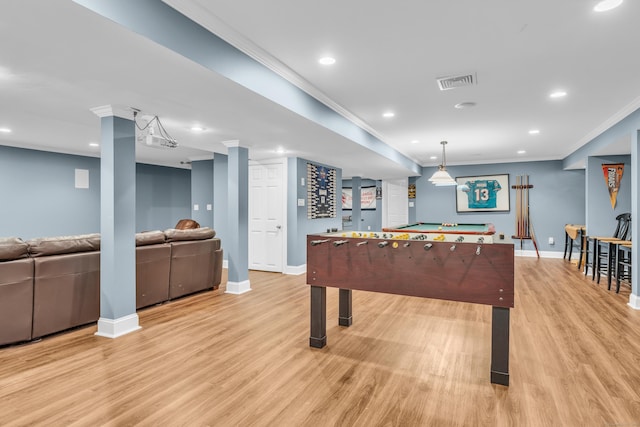 61 Governors Way, Madison, CT 06443 - playroom with pool table, light wood-style floors, baseboards, ornamental molding, and recessed lighting