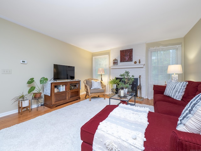 living room featuring ornamental molding, wood finished floors, a fireplace, and baseboards
