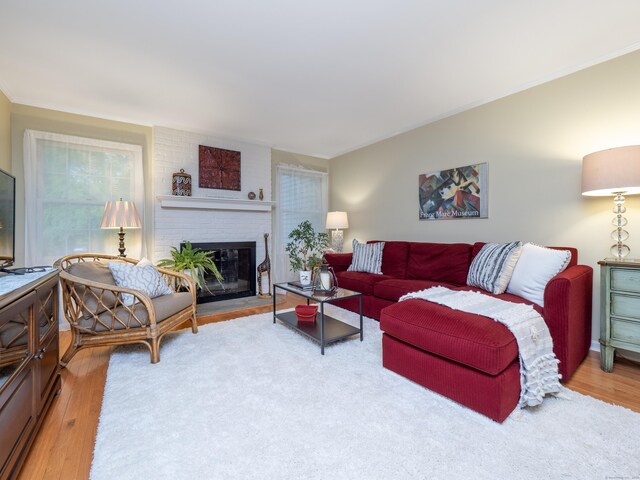 120 Prospect St Apt 2, Ridgefield, CT 06877 - living area featuring wood finished floors, a brick fireplace, and ornamental molding