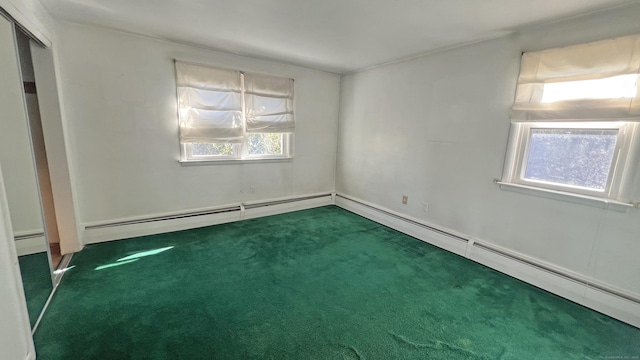 unfurnished bedroom featuring carpet floors, baseboard heating, and a baseboard radiator