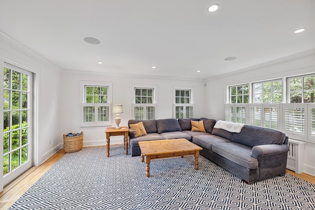 living area with plenty of natural light, ornamental molding, light wood finished floors, baseboards, and recessed lighting