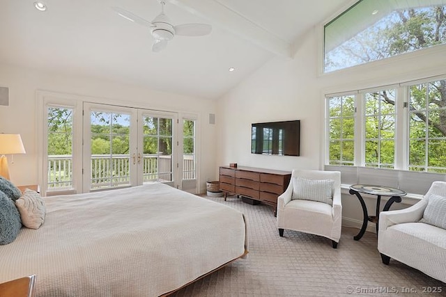2 Aspetuck Hill Ln, Weston, CT 06883 - bedroom with french doors, access to exterior, beamed ceiling, high vaulted ceiling, and a ceiling fan