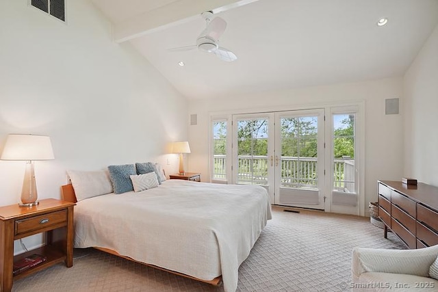 2 Aspetuck Hill Ln, Weston, CT 06883 - bedroom featuring access to outside, light colored carpet, ceiling fan, and recessed lighting