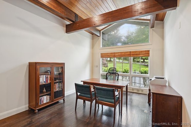 2 Aspetuck Hill Ln, Weston, CT 06883 - dining room featuring dark wood-style floors, high vaulted ceiling, wood ceiling with exposed beams, and baseboards