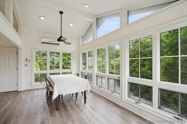 2 Aspetuck Hill Ln, Weston, CT 06883 - sunroom / solarium featuring wood finished floors, an AC wall unit, baseboards, beamed ceiling, and high vaulted ceiling