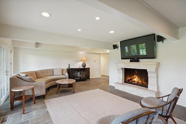 2 Aspetuck Hill Ln, Weston, CT 06883 - living area with recessed lighting, a warm lit fireplace, and baseboards
