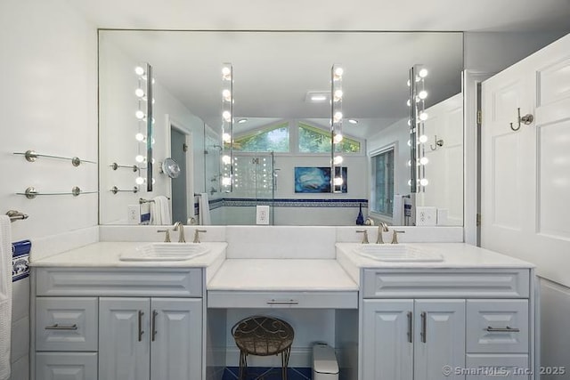 2 Aspetuck Hill Ln, Weston, CT 06883 - full bath featuring lofted ceiling, double vanity, and a shower stall