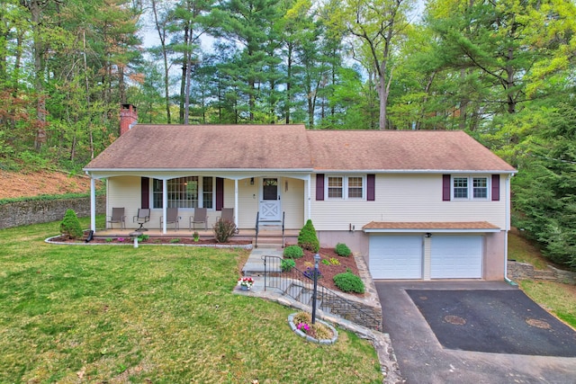 108 Fox Den Rd, Bristol, CT 06010 - ranch-style home with covered porch, a chimney, a garage, asphalt driveway, and roof with shingles