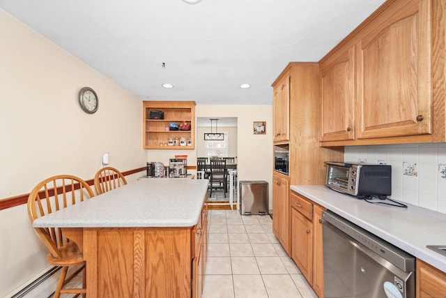 108 Fox Den Rd, Bristol, CT 06010 - kitchen with dishwasher, a baseboard heating unit, a breakfast bar area, light countertops, and tasteful backsplash