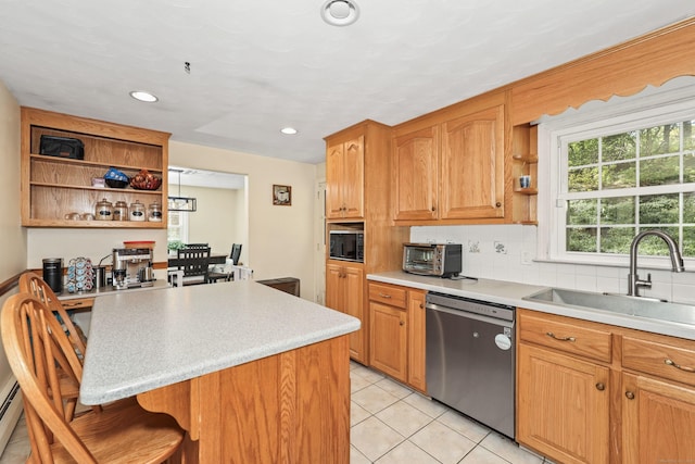 108 Fox Den Rd, Bristol, CT 06010 - kitchen featuring dishwasher, open shelves, a sink, a kitchen breakfast bar, and light countertops