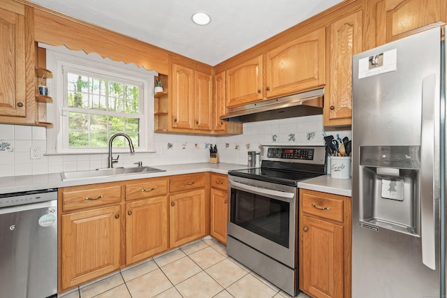 108 Fox Den Rd, Bristol, CT 06010 - kitchen featuring appliances with stainless steel finishes, under cabinet range hood, open shelves, a sink, and recessed lighting