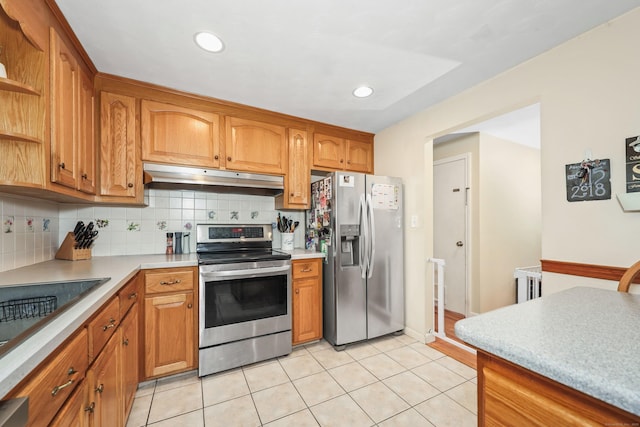 108 Fox Den Rd, Bristol, CT 06010 - kitchen featuring appliances with stainless steel finishes, under cabinet range hood, decorative backsplash, open shelves, and light countertops