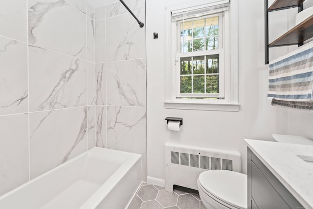 108 Fox Den Rd, Bristol, CT 06010 - bathroom with radiator heating unit, vanity, toilet, tile patterned flooring, and shower / tub combination