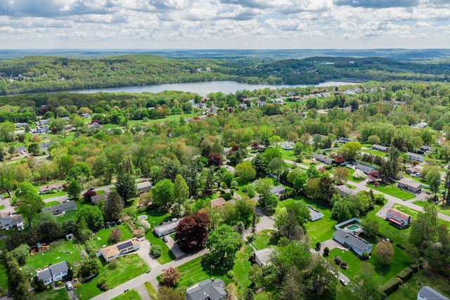 aerial perspective of suburban area featuring a large body of water and a heavily wooded area