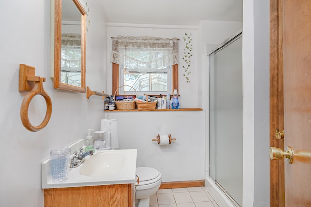 full bath with a stall shower, tile patterned floors, toilet, and vanity