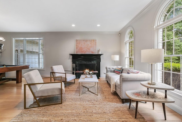 681 Old Stamford Rd, New Canaan, CT 06840 - living area featuring ornamental molding, wood finished floors, a warm lit fireplace, baseboards, and recessed lighting