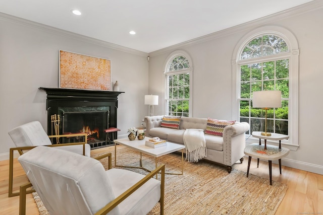 681 Old Stamford Rd, New Canaan, CT 06840 - living area featuring crown molding, wood finished floors, baseboards, a warm lit fireplace, and recessed lighting